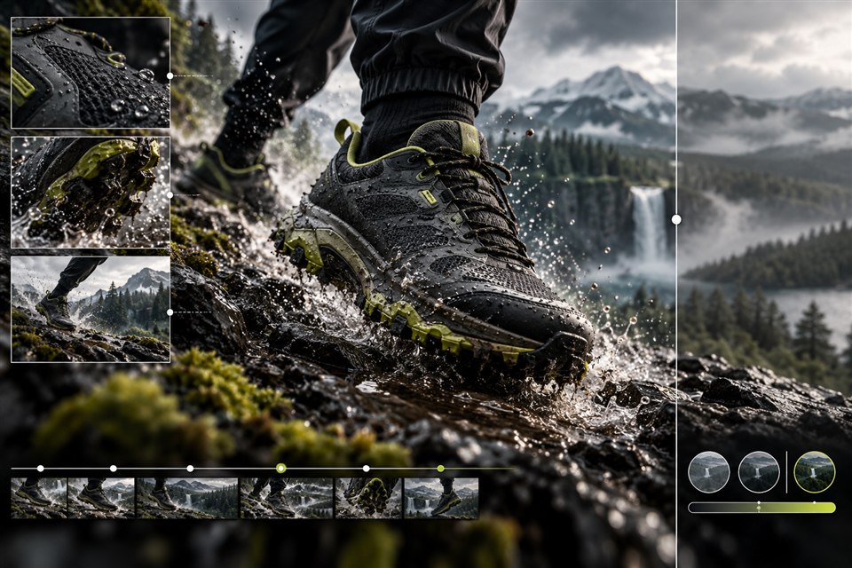 Outdoor product ad editing concept with alternate crops, color-grade controls, and timeline frames