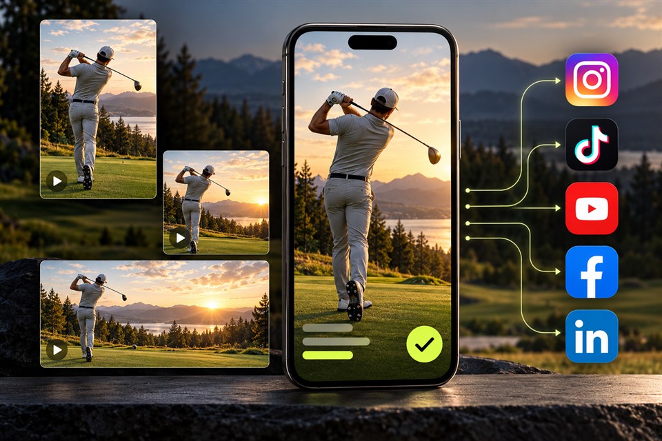 Finished golf campaign videos prepared in vertical, square, and landscape formats for Instagram, TikTok, YouTube, Facebook, and LinkedIn