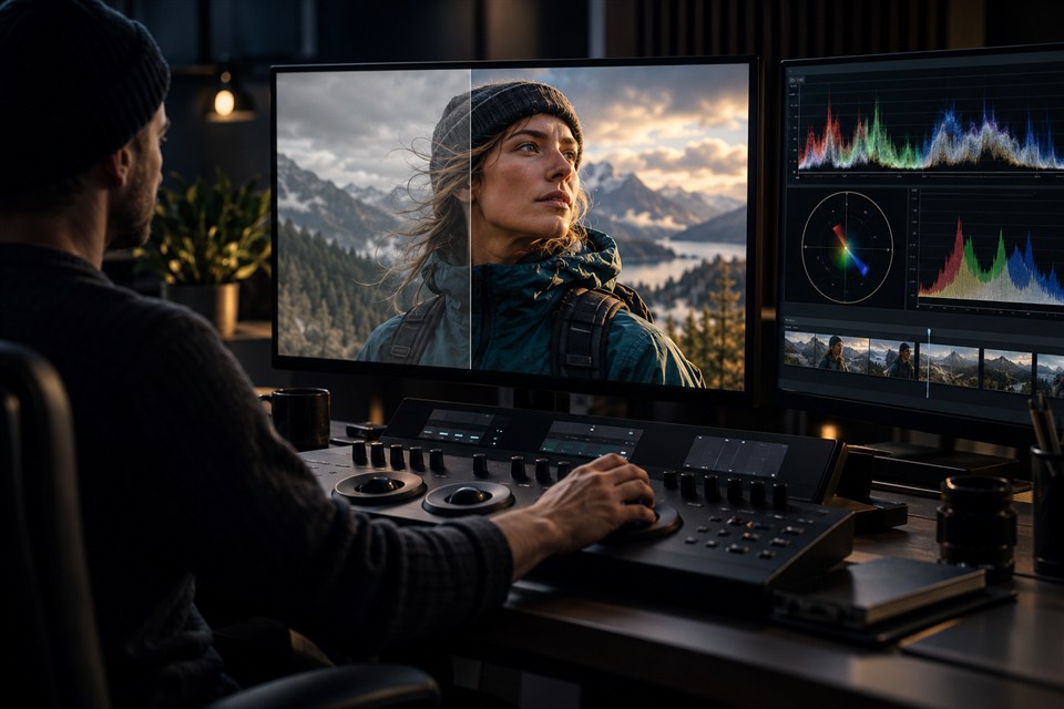Professional colorist grading cinematic outdoor footage with waveform, parade, and vectorscope displays
